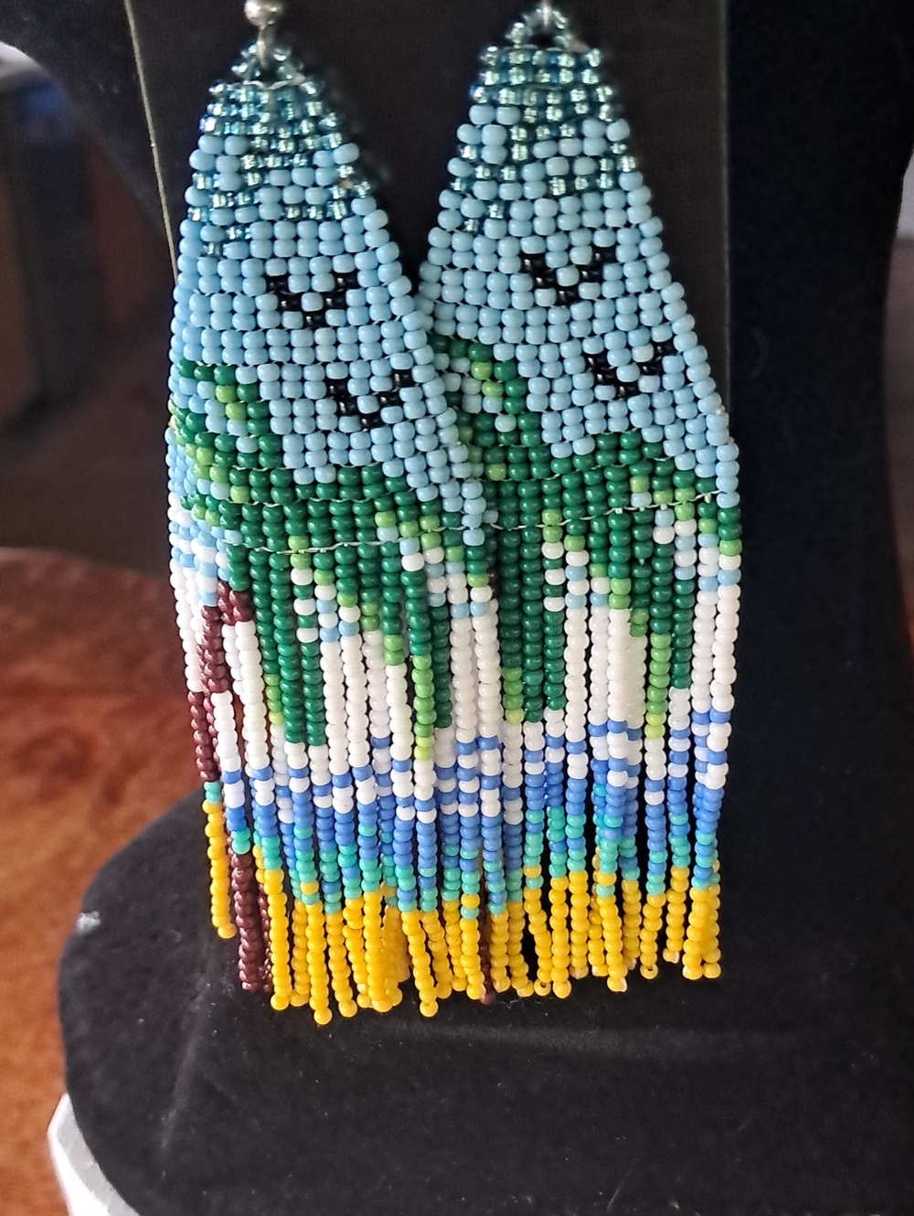 Handcrafted Beaded Palm Tree Earrings - Blue, Green, Yellow